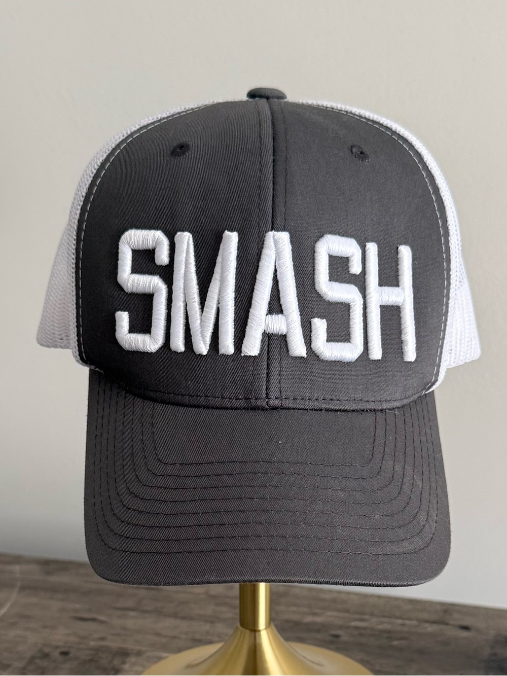 SMASH Embroidered Trucker Hat in Gray and White